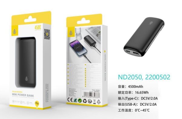 Bateria externa 4500mAh Power Bank ND2050 NE PowerBank 4500mAh/16.65Wh, 1 Entrada USB-C y 1 Salida 1USB-A, Negro