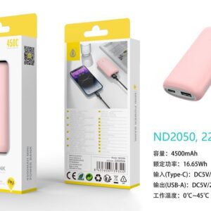 Bateria externa 4500mAh Power Bank ND2050 RS PowerBank 4500mAh/16.65Wh, 1 Entrada USB-C y 1 Salida 1USB-A, Rosa