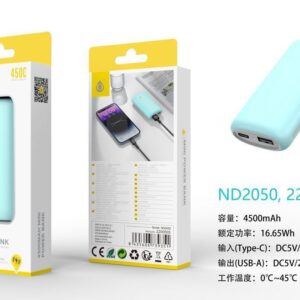 Bateria externa 4500mAh Power Bank ND2050 AZ PowerBank 4500mAh/16.65Wh, 1 Entrada USB-C y 1 Salida 1USB-A, Azul
