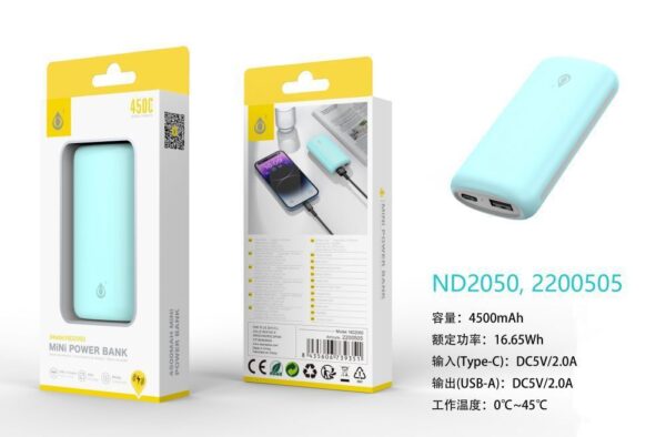 Bateria externa 4500mAh Power Bank ND2050 AZ PowerBank 4500mAh/16.65Wh, 1 Entrada USB-C y 1 Salida 1USB-A, Azul