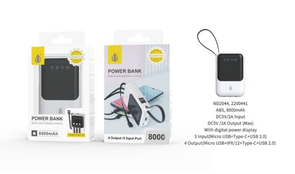 Bateria externa 8000mAh Power Bank ND2044 BL Powerbank  8000mAh 2A salida，Con 3 conexciones de entrada（Micro USB+Type-C+USB 2.0) y 4 de salida (Micro USB+Iphone+Type-C+USB 2.0), Blanco