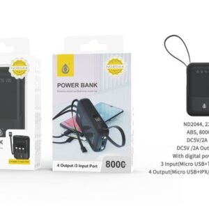 Bateria externa 8000mAh Power Bank ND2044 NE Powerbank 8000mAh 2A salida，Con 3 conexciones de entrada（Micro USB+Type-C+USB 2.0) y 4 de salida (Micro USB+Iphone+Type-C+USB 2.0), Negro