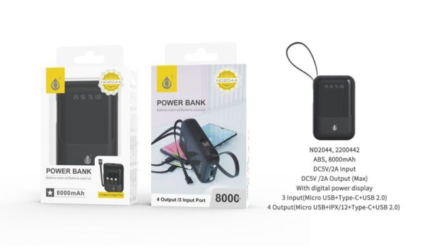 Bateria externa 8000mAh Power Bank ND2044 NE Powerbank 8000mAh 2A salida，Con 3 conexciones de entrada（Micro USB+Type-C+USB 2.0) y 4 de salida (Micro USB+Iphone+Type-C+USB 2.0), Negro