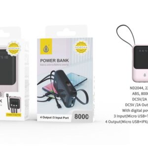 Bateria externa 8000mAh Power Bank ND2044 RS Powerbank 8000mAh 2A salida，Con 3 conexciones de entrada（Micro USB+Type-C+USB 2.0) y 4 de salida (Micro USB+Iphone+Type-C+USB 2.0), Rosa
