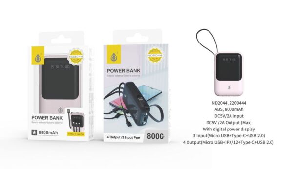 Bateria externa 8000mAh Power Bank ND2044 RS Powerbank 8000mAh 2A salida，Con 3 conexciones de entrada（Micro USB+Type-C+USB 2.0) y 4 de salida (Micro USB+Iphone+Type-C+USB 2.0), Rosa