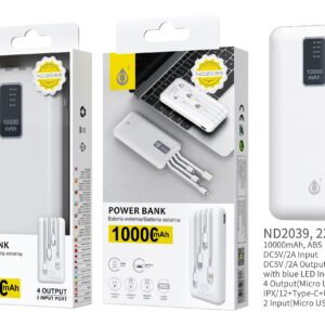 Bateria Externa 10000mAh  Power Bank ND2039 BL Powerbank 10000mAh, 2 Entrada( Micro USB+USB), 4 salida (MicroUSB+ IP+ Type-C+ USB), con Indicador de LED Azul 5V, 2A,  Blanco