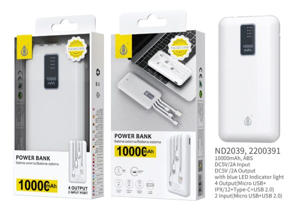 Bateria Externa 10000mAh  Power Bank ND2039 BL Powerbank 10000mAh, 2 Entrada( Micro USB+USB), 4 salida (MicroUSB+ IP+ Type-C+ USB), con Indicador de LED Azul 5V, 2A,  Blanco