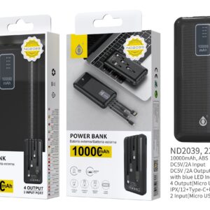 Bateria Externa 10000mAh  Power Bank ND2039 NE Powerbank 10000mAh, 2 Entrada( Micro USB+USB), 4 salida (MicroUSB+ IP+ Type-C+ USB), con Indicador de LED Azul 5V, 2A,  Negro