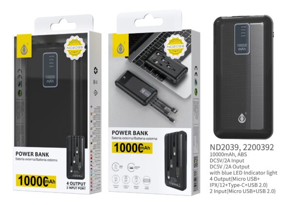 Bateria Externa 10000mAh  Power Bank ND2039 NE Powerbank 10000mAh, 2 Entrada( Micro USB+USB), 4 salida (MicroUSB+ IP+ Type-C+ USB), con Indicador de LED Azul 5V, 2A,  Negro