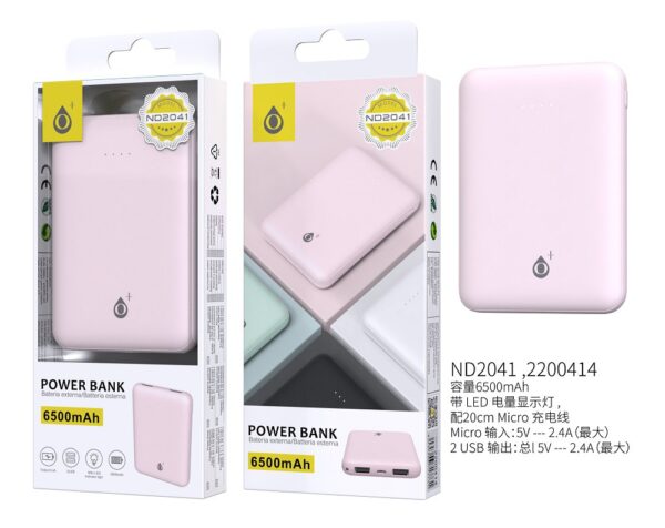 Bateria Externa 6500mAh Power Bank ND2041 RS PoweBank Iris 6500mAh con indicador luz led,Rosa