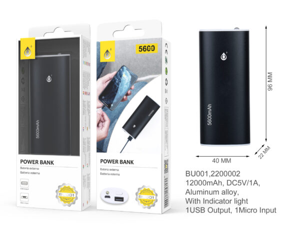 Bateria Externa 5600 mAh Power Bank BU001-NE-Power Bank Metalbox 5600MAH, Negro