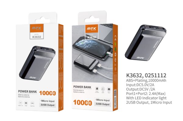 Bateria Externa 10000mAh  Power Bank K3632 NE Power Bank PocketStation 10000mAh, 2USB with LED Indicador, Negro