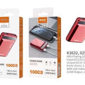 Bateria Externa 10000mAh  Power Bank K3632 RJ PowerBank PocketStation 10000mAh, 2USB with LED Indicador, Rojo