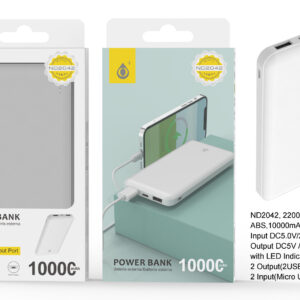 Bateria Externa 10000mAh  Power Bank ND2042 BL PowerBank AXEL 10000mAh/37Wh，2entrada（Micro USB+Type-C）2 Salida（2USB），Blanco