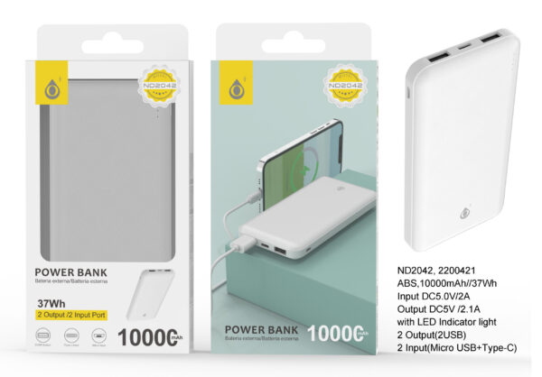 Bateria Externa 10000mAh  Power Bank ND2042 BL PowerBank AXEL 10000mAh/37Wh，2entrada（Micro USB+Type-C）2 Salida（2USB），Blanco