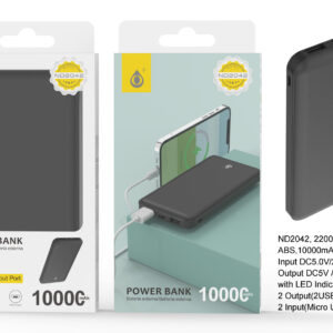 Bateria Externa 10000mAh  Power Bank ND2042 NE PowerBank AXEL 10000mAh/37Wh，2entrada（Micro USB+Type-C）2 Salida（2USB），Negro