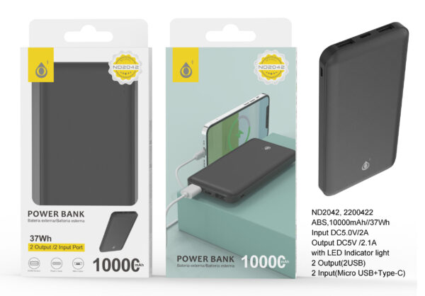 Bateria Externa 10000mAh  Power Bank ND2042 NE PowerBank AXEL 10000mAh/37Wh，2entrada（Micro USB+Type-C）2 Salida（2USB），Negro
