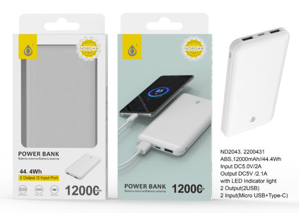 Bateria Externa 12000mAh Power Bank ND2043 BL PowerBank AXEL 12000mAh/44.4Wh，2 entrada（Micro USB+Type-C）2 Salida（2USB），Blanco