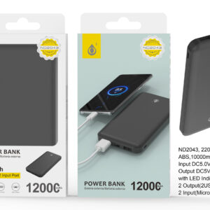 Bateria Externa 12000mAh Power Bank ND2043 NE PowerBank AXEL 12000mAh/44.4Wh，2entrada（Micro USB+Type-C）2 Salida（2USB），Negro