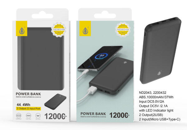 Bateria Externa 12000mAh Power Bank ND2043 NE PowerBank AXEL 12000mAh/44.4Wh，2entrada（Micro USB+Type-C）2 Salida（2USB），Negro