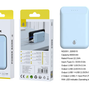 Bateria externa 6000mAh Power Bank ND2051 AZ PowerBank Omar 6000mAh/22.2Wh Con Indicador LED, 1 entrada(Type-C), 2 salida(USB-A), Blanco
