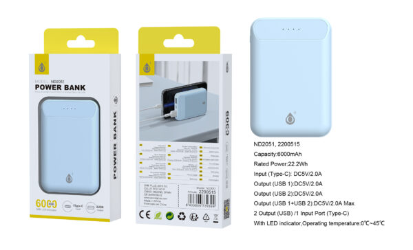 Bateria externa 6000mAh Power Bank ND2051 AZ PowerBank Omar 6000mAh/22.2Wh Con Indicador LED, 1 entrada(Type-C), 2 salida(USB-A), Blanco