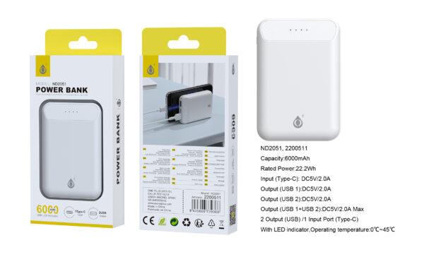 Bateria externa 6000mAh Power Bank ND2051 BL PowerBank Omar 6000mAh/22.2Wh Con Indicador LED, 1 entrada(Type-C), 2 salida(USB-A), Blanco