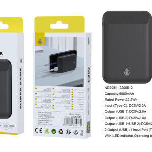 Bateria externa 6000mAh Power Bank ND2051 NE PowerBank Omar 6000mAh/22.2Wh Con Indicador LED, 1 entrada(Type-C), 2 salida(USB-A), Negro