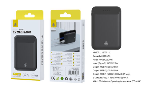 Bateria externa 6000mAh Power Bank ND2051 NE PowerBank Omar 6000mAh/22.2Wh Con Indicador LED, 1 entrada(Type-C), 2 salida(USB-A), Negro