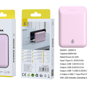 Bateria externa 6000mAh Power Bank ND2051 RS PowerBank Omar 6000mAh/22.2Wh Con Indicador LED, 1 entrada(Type-C), 2 salida(USB-A), Rosa