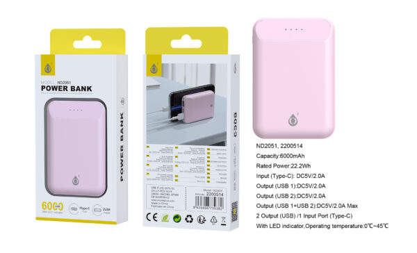 Bateria externa 6000mAh Power Bank ND2051 RS PowerBank Omar 6000mAh/22.2Wh Con Indicador LED, 1 entrada(Type-C), 2 salida(USB-A), Rosa