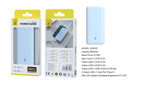 Bateria externa 9000mAh Power Bank ND2052 AZ PowerBank Omar 9000mAh/33.3Wh Con Indicador LED, 1 entrada(Type-C), 2 salida(USB-A), Azul