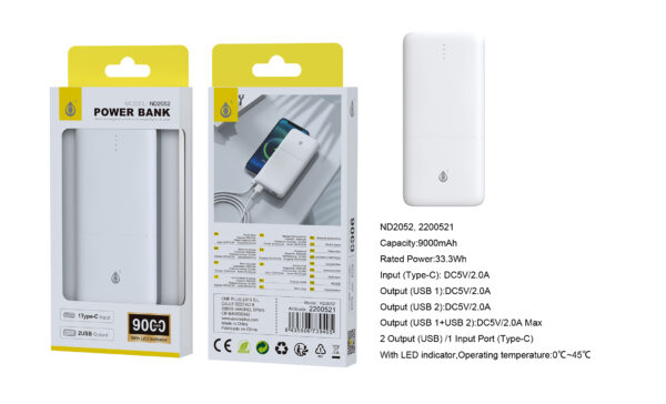 Bateria Externa 15000mAh  Power Bank ND2053 BL PowerBank Omar 15000mAh/55.5Wh Con Indicador LED, 1 entrada(Type-C), 2 salida(USB-A), Blanco