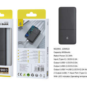 Bateria externa 9000mAh Power Bank ND2052 NE PowerBank Omar 9000mAh/33.3Wh Con Indicador LED, 1 entrada(Type-C), 2 salida(USB-A), Negro