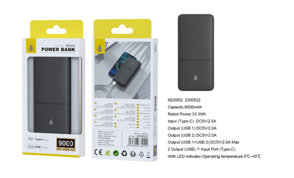 Bateria externa 9000mAh Power Bank ND2052 NE PowerBank Omar 9000mAh/33.3Wh Con Indicador LED, 1 entrada(Type-C), 2 salida(USB-A), Negro