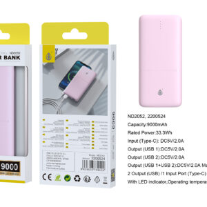 Bateria externa 9000mAh Power Bank ND2052 RS PowerBank Omar 9000mAh/33.3Wh Con Indicador LED, 1 entrada(Type-C), 2 salida(USB-A), Rosa