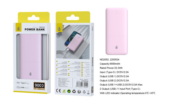 Bateria externa 9000mAh Power Bank ND2052 RS PowerBank Omar 9000mAh/33.3Wh Con Indicador LED, 1 entrada(Type-C), 2 salida(USB-A), Rosa