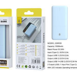 Bateria Externa 15000mAh Power Bank ND2053 AZ PowerBank Omar 15000mAh/55.5Wh Con Indicador LED, 1 entrada(Type-C), 2 salida(USB-A), Azul