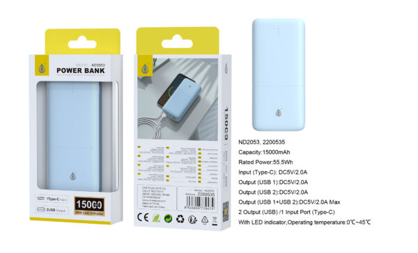 Bateria Externa 15000mAh Power Bank ND2053 AZ PowerBank Omar 15000mAh/55.5Wh Con Indicador LED, 1 entrada(Type-C), 2 salida(USB-A), Azul