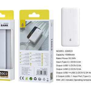 Bateria externa 9000mAh Power Bank ND2052 BL PowerBank Omar 9000mAh/33.3Wh Con Indicador LED, 1 entrada(Type-C), 2 salida(USB-A), Blanco