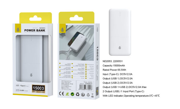 Bateria externa 9000mAh Power Bank ND2052 BL PowerBank Omar 9000mAh/33.3Wh Con Indicador LED, 1 entrada(Type-C), 2 salida(USB-A), Blanco