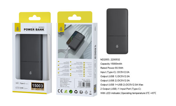 Bateria Externa 15000mAh Power Bank ND2053 NE PowerBank Omar 15000mAh/55.5Wh Con Indicador LED, 1 entrada(Type-C), 2 salida(USB-A), Negro