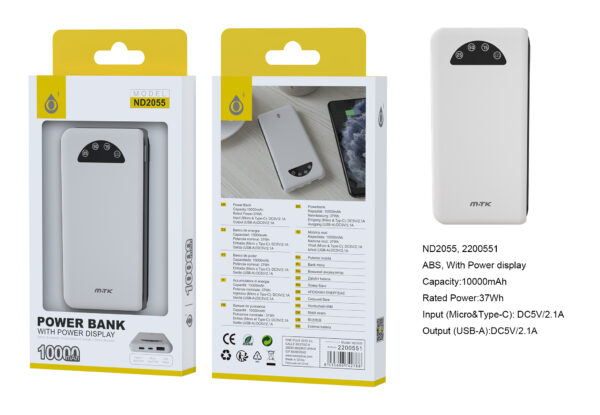 Bateria Externa 10000mAh ND2055 BL Powerbank  con indicador bateria 10000mAh/37Wh, 1 Salida USB-A  y 2 Entrada USB-C+Micro),Blanco