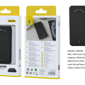 Bateria Externa 10000mAh ND2055 NE Powerbank  con indicador bateria 10000mAh/37Wh, 1 Salida USB-A  y 2 Entrada USB-C+Micro), Negro