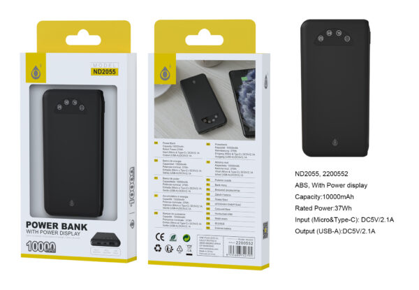 Bateria Externa 10000mAh ND2055 NE Powerbank  con indicador bateria 10000mAh/37Wh, 1 Salida USB-A  y 2 Entrada USB-C+Micro), Negro