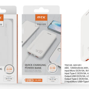 Bateria Externa 12000mAh Power Bank TD2125 BL PowerBank  Hazel  12000mAh/44Wh, Carga Rapida 22.5w, 2entrada(Micro USB+Type-C), 3salida(Type-C+2USB), Blanco