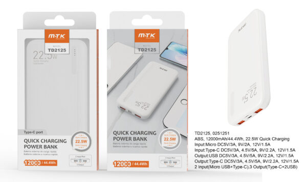 Bateria Externa 12000mAh Power Bank TD2125 BL PowerBank  Hazel  12000mAh/44Wh, Carga Rapida 22.5w, 2entrada(Micro USB+Type-C), 3salida(Type-C+2USB), Blanco