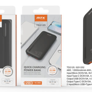 Bateria Externa 12000mAh Power Bank TD2125 NE PowerBank  Hazel  12000mAh/44Wh, Carga Rapida 22.5w, 2entrada(Micro USB+Type-C), 3salida(Type-C+2USB), Negro