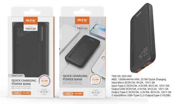 Bateria Externa 12000mAh Power Bank TD2125 NE PowerBank  Hazel  12000mAh/44Wh, Carga Rapida 22.5w, 2entrada(Micro USB+Type-C), 3salida(Type-C+2USB), Negro