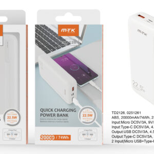 Bateria externa 20000mAh Power Bank TD2126 BL PowerBank  Hazel  20000mAh/74Wh, Carga Rapida 22.5w, 2entrada(Micro USB+Type-C), 3salida(Type-C+2USB), Blanco